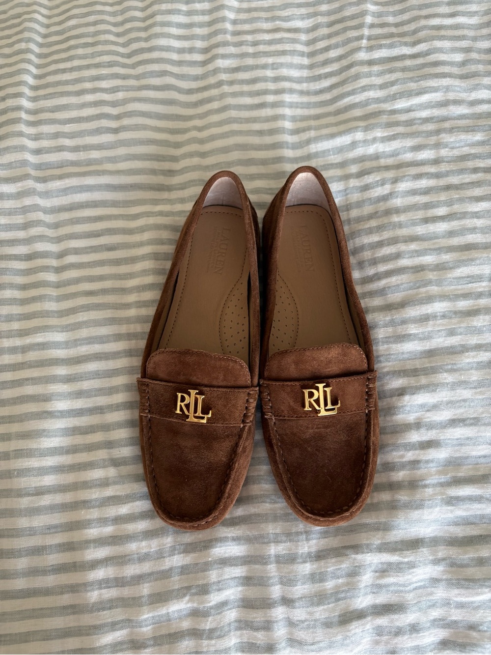 Ralph Lauren Brown Suede Loafers with Gold RLL Hardware - Picture 5 of 6